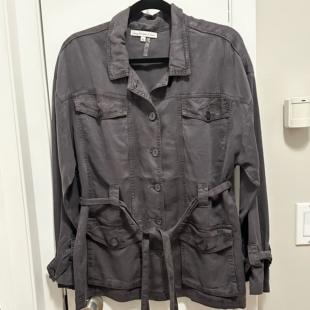 Young Fabulous & Broke Long Sleeve Button Up Belted Utility Cargo Jacket L Gray